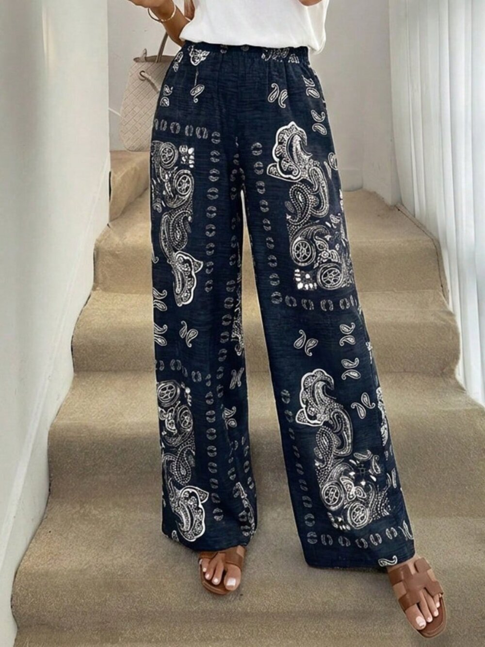 Navy Blue Boho Women's Long Printed Maxi Trousers